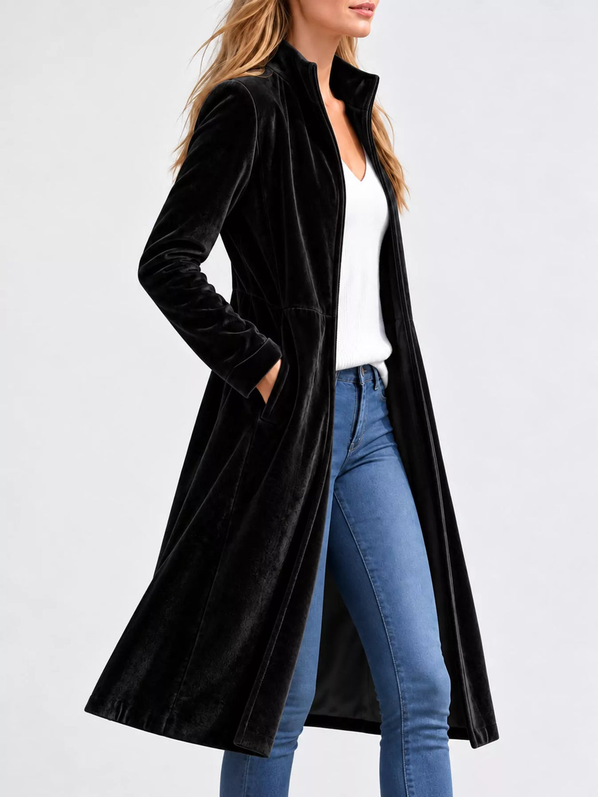 Velvet Zip-Up Longline Jacket