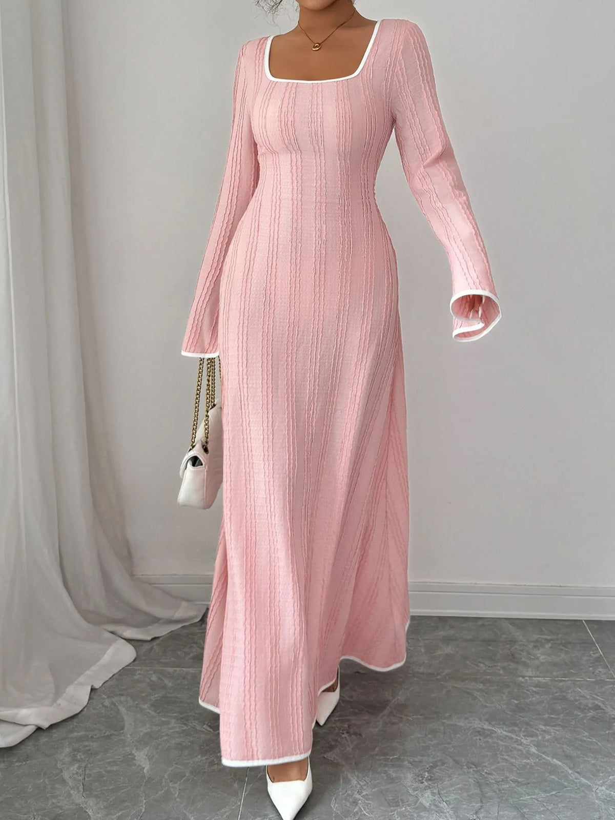 Textured Square-Neck Long-Sleeve Maxi Dress in Blush Pink