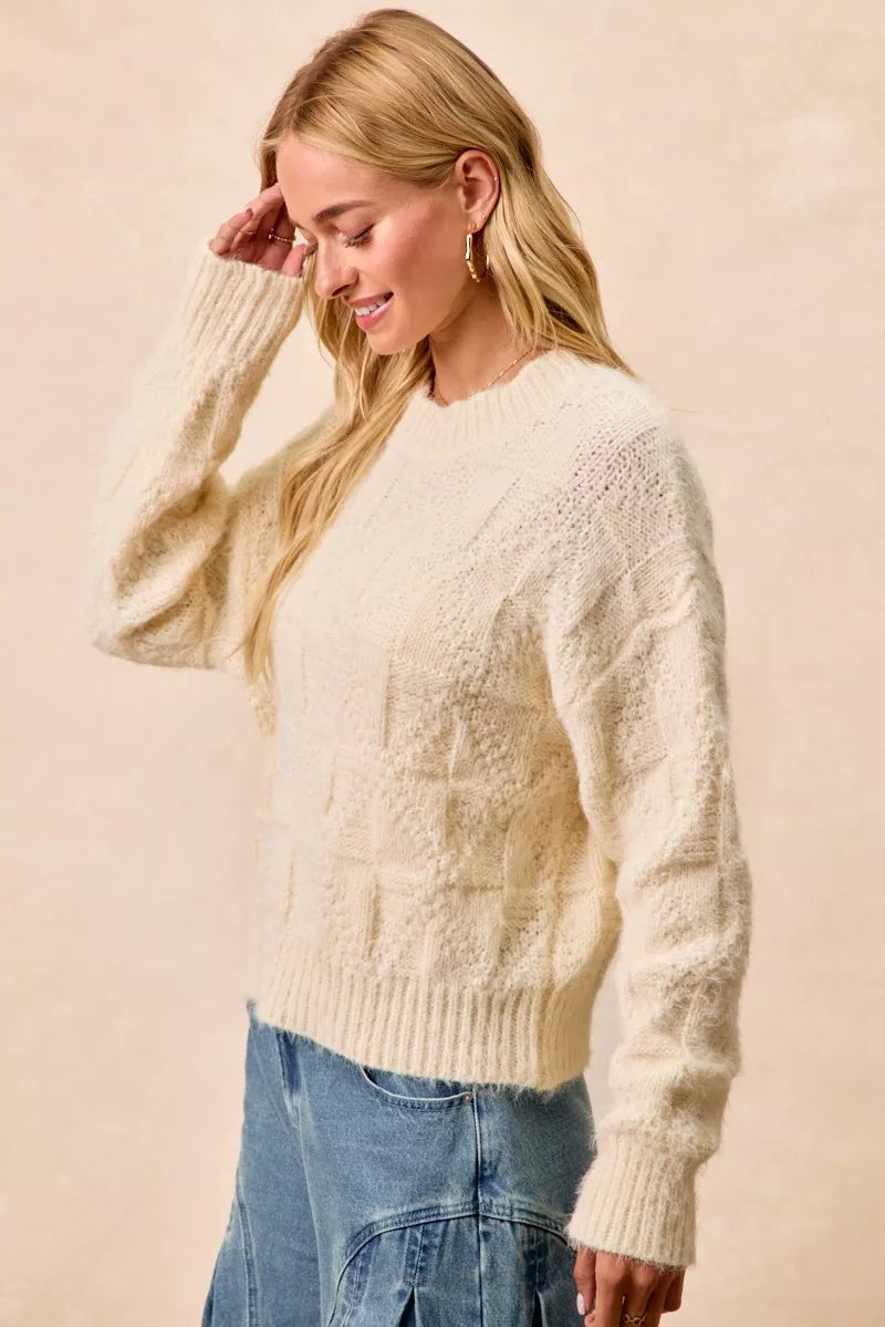 Checkerboard Drop Shoulder Sweater in Ivory by BiBi