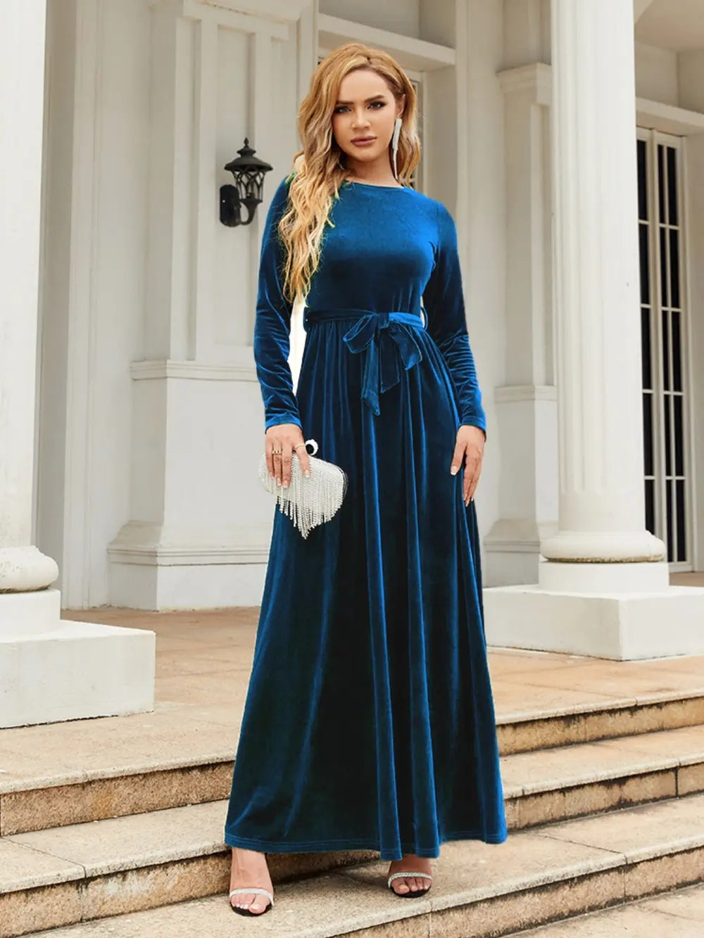 Tie-Front Round-Neck Long-Sleeve Maxi Dress