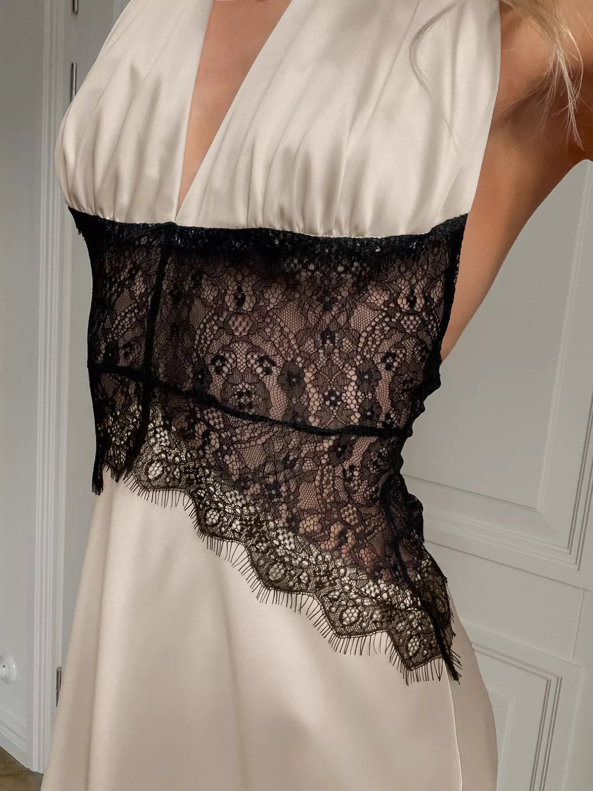 Halter Neck Lace Maxi Dress in Khaki in Khaki Color