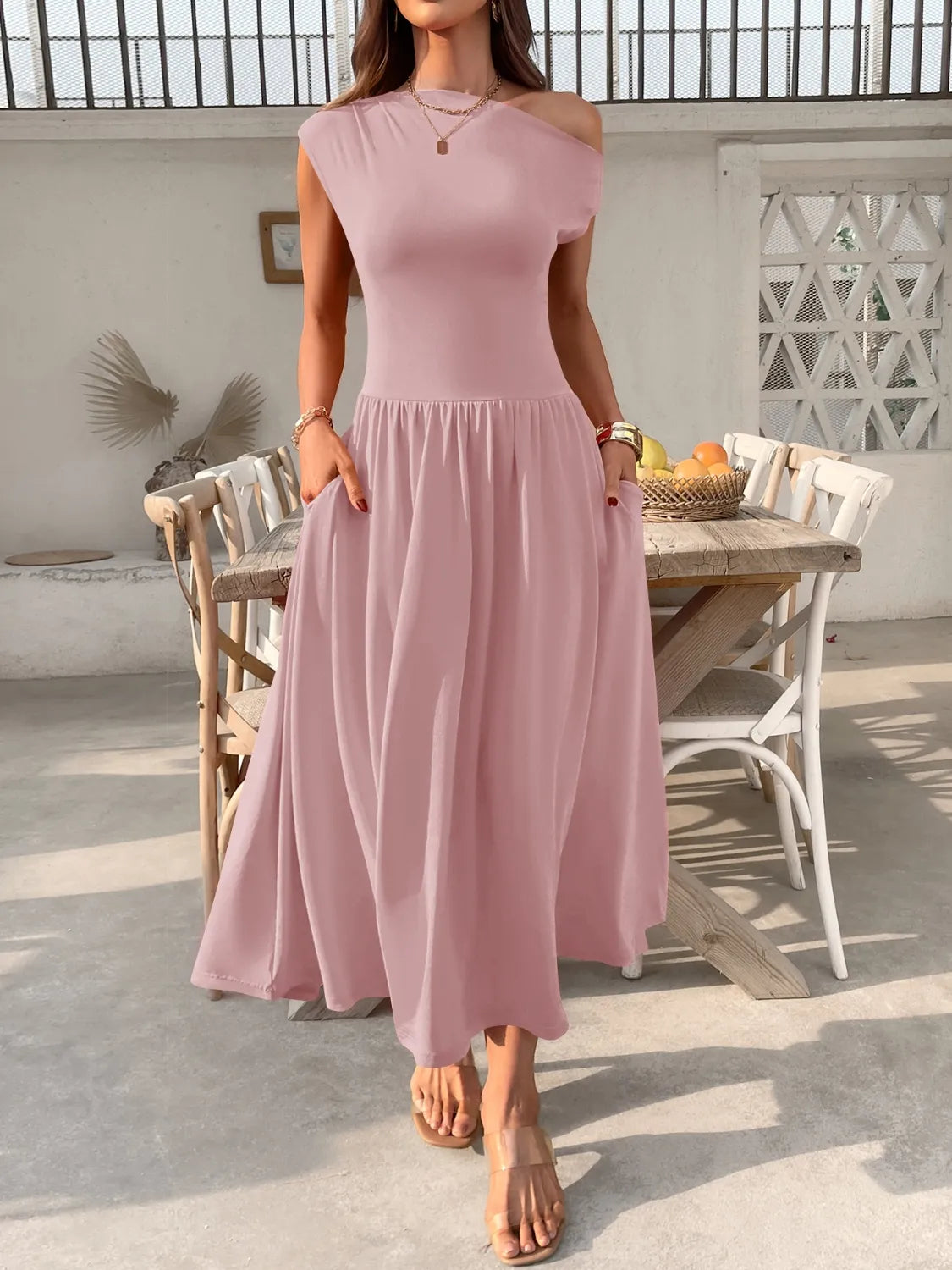 Single-Shoulder Pocketed Dress in Dusty Pink