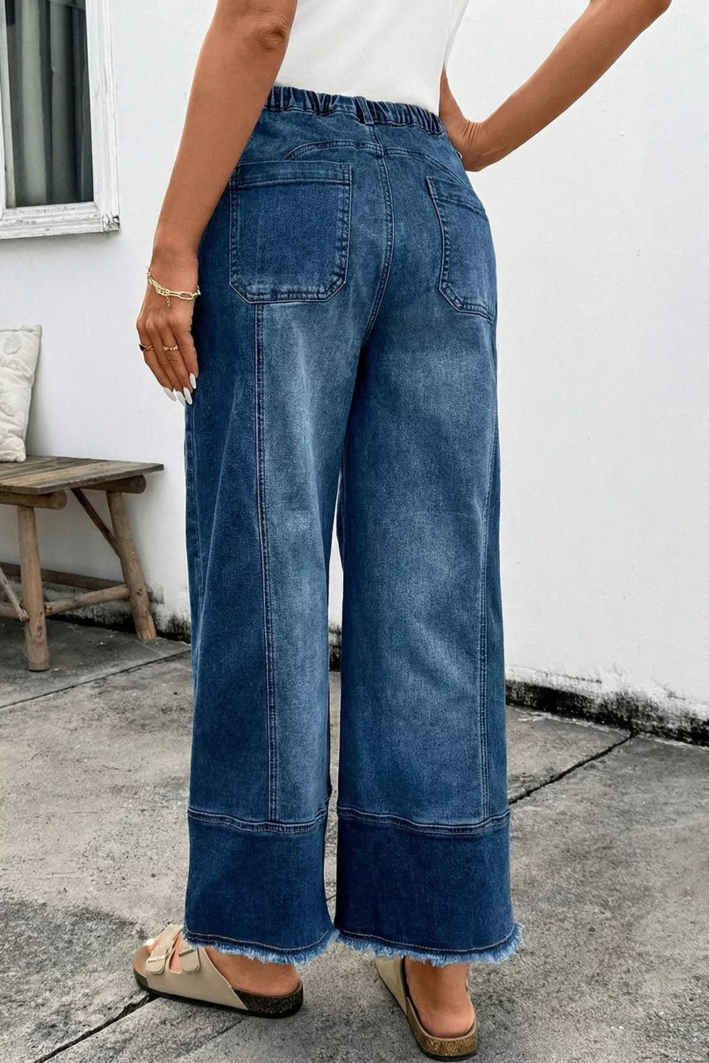 Raw Hem Wide Leg Denim Pants in Medium