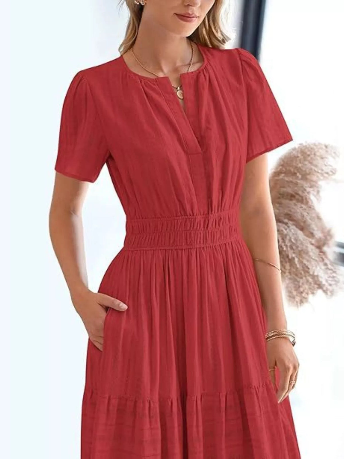 Short Sleeve Tiered Midi Dress with Pockets