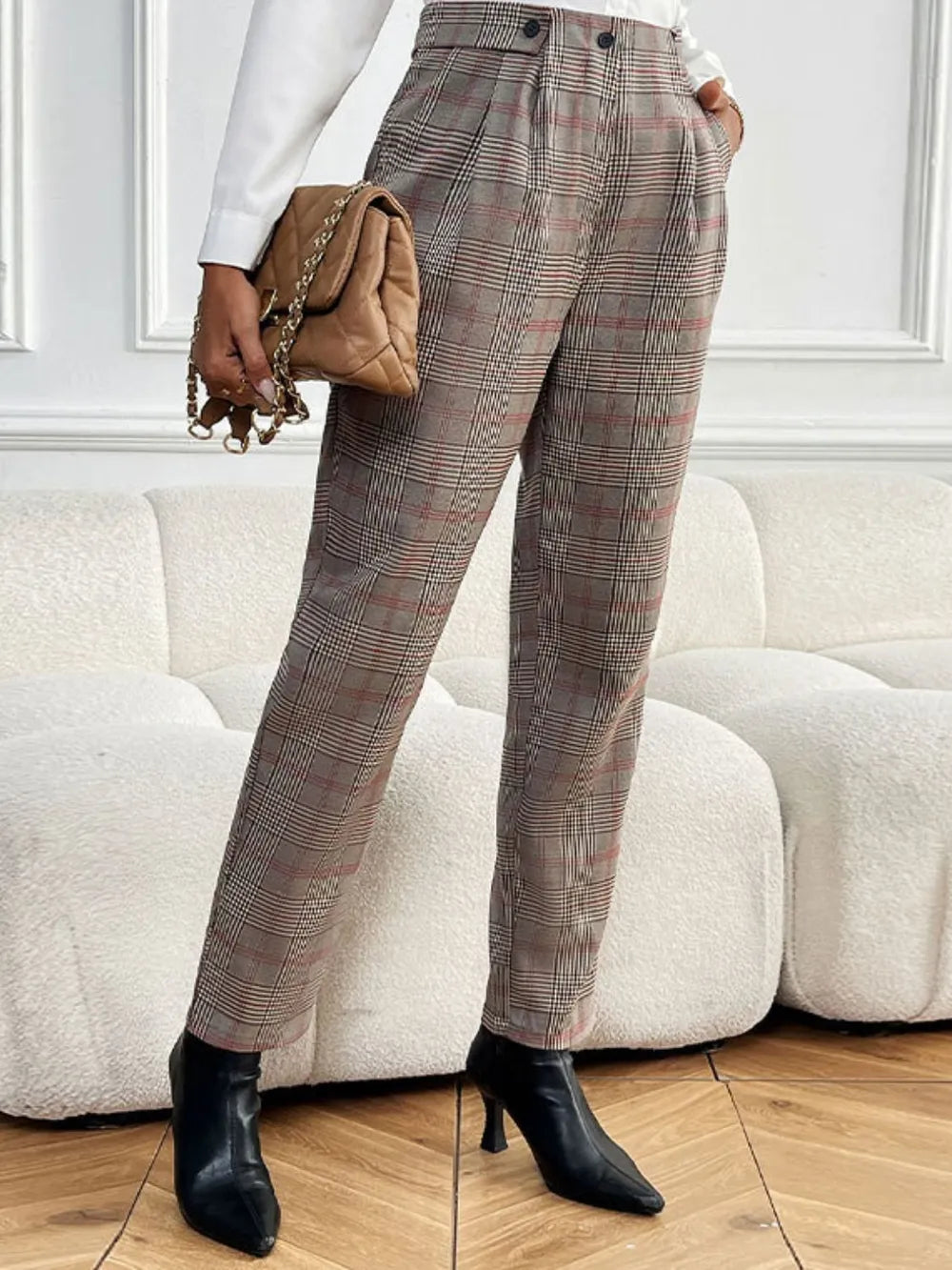 Plaid Straight Pants in Taupe