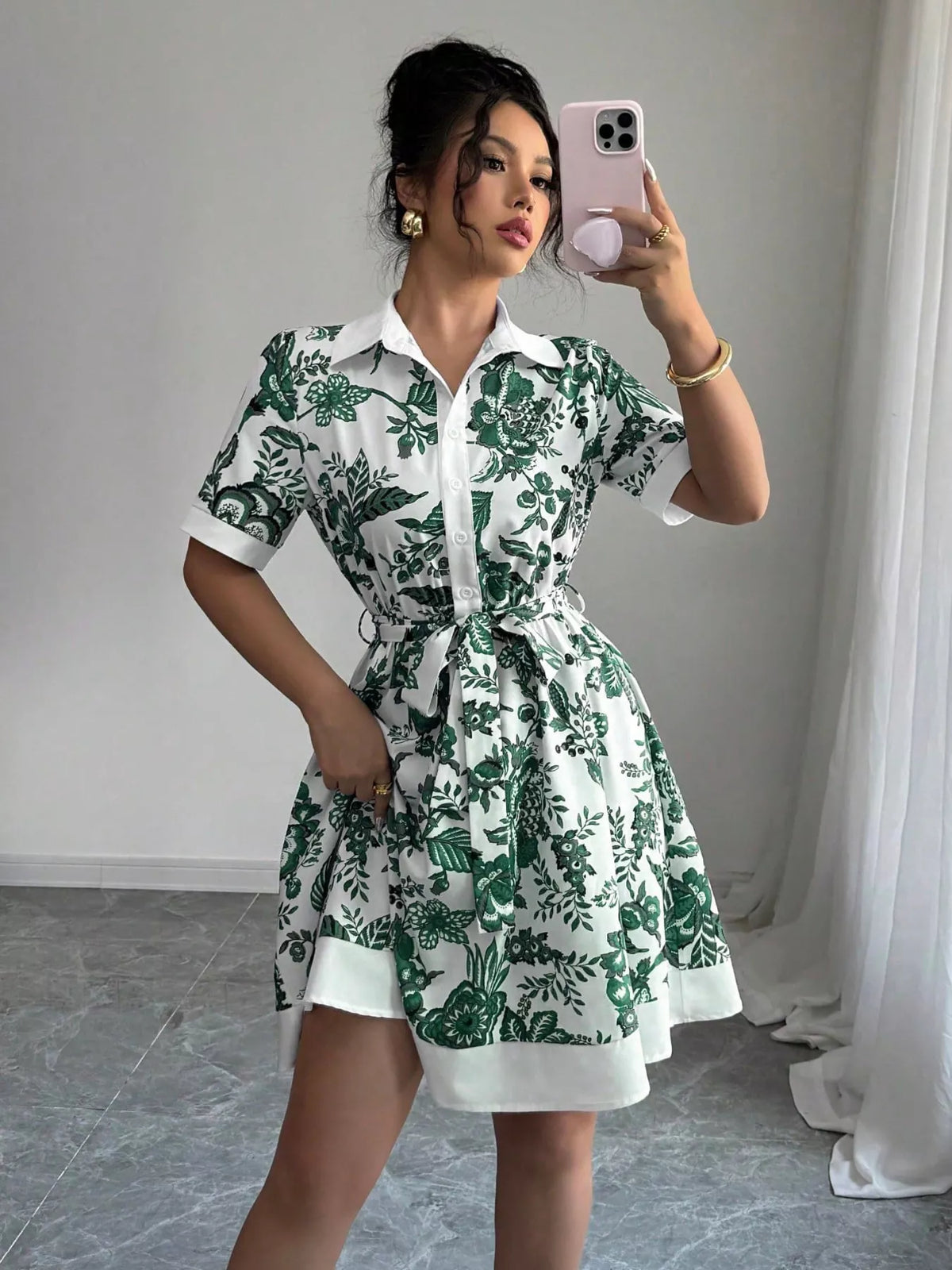 Belted Button-Front Mini Dress