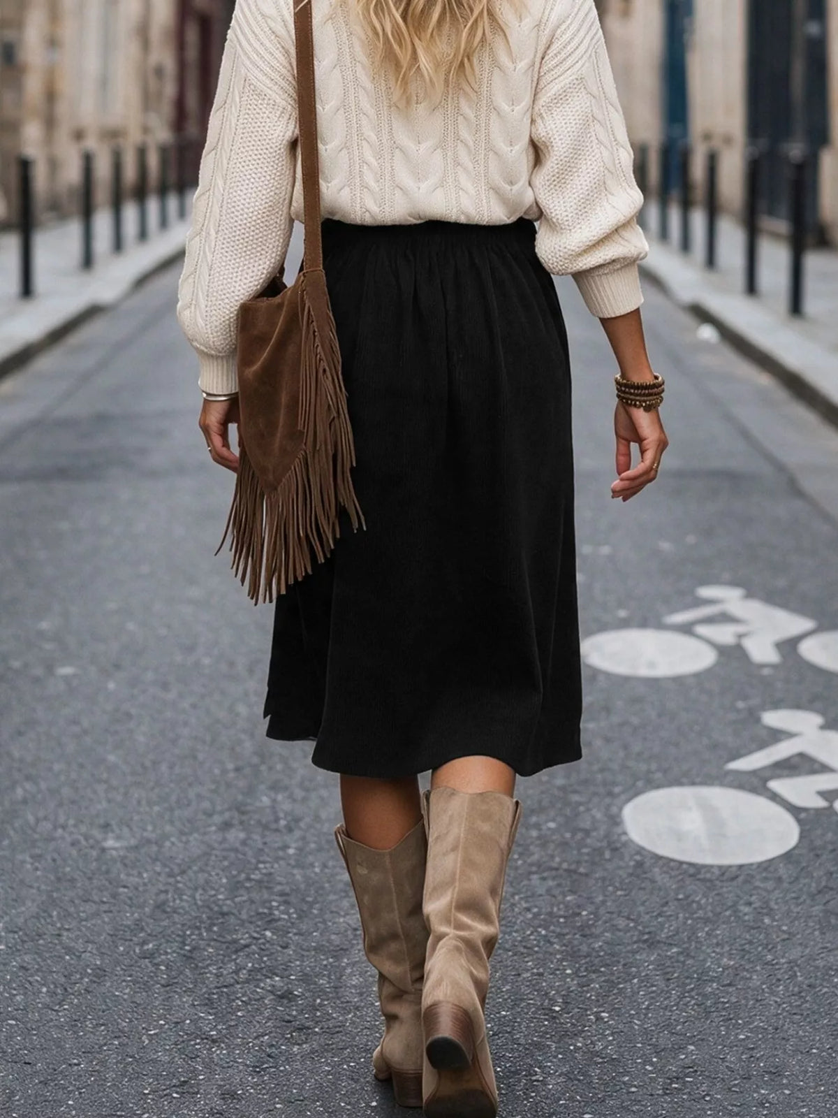 Corduroy Midi Skirt in Black
