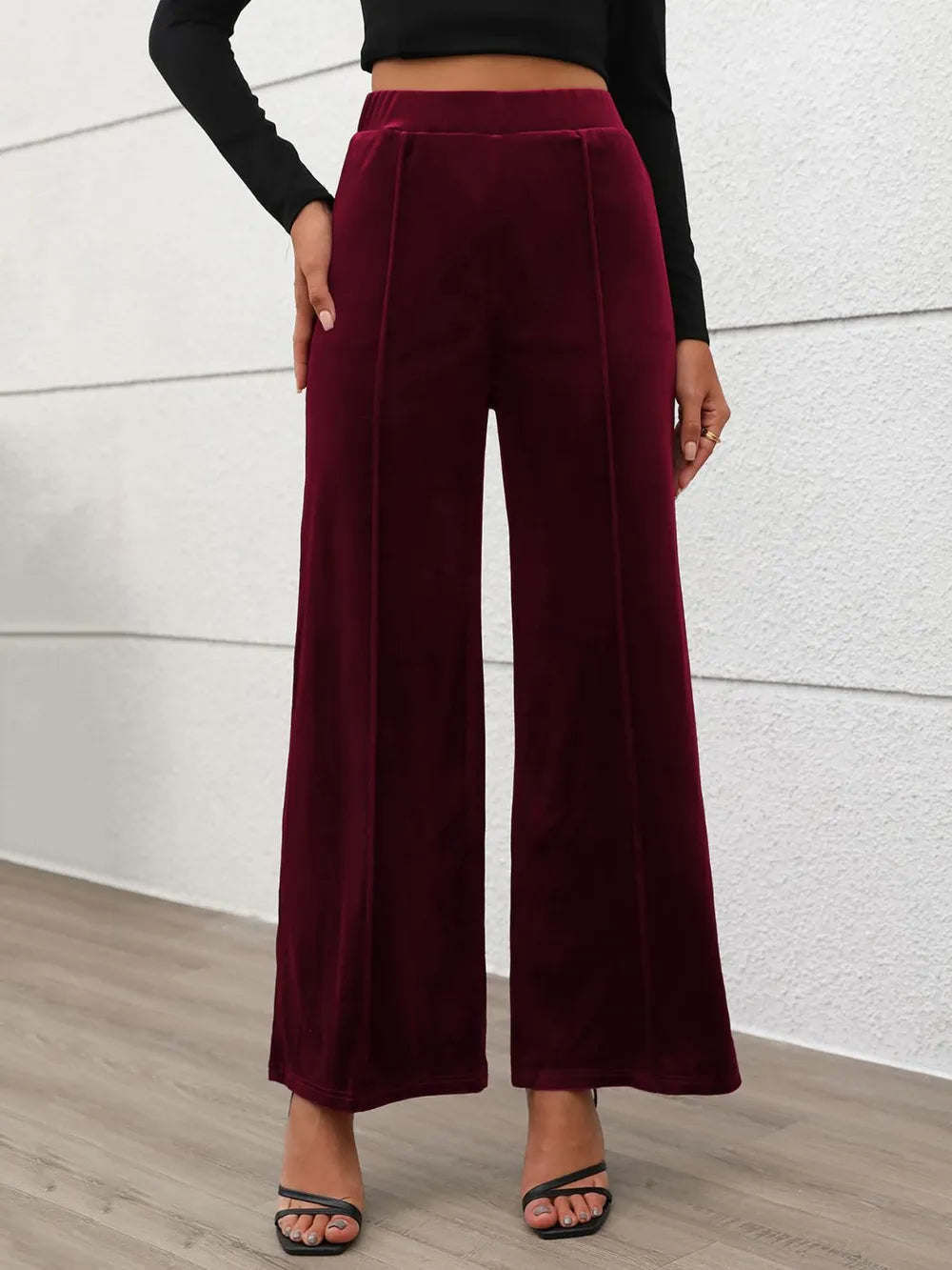 Elastic Waist Wide Leg Pants in Burgundy
