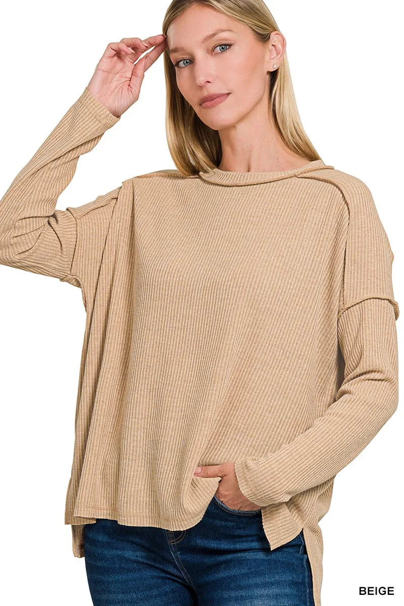 Zenana Ribbed Drop-Shoulder Round Neck Sweater in Beige