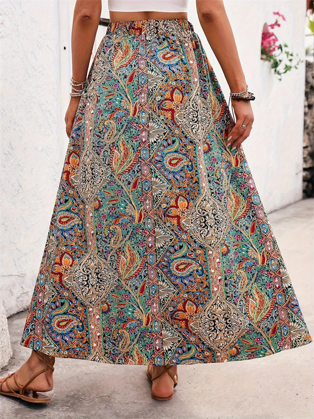 Printed Elastic-Waist Skirt with Slit
