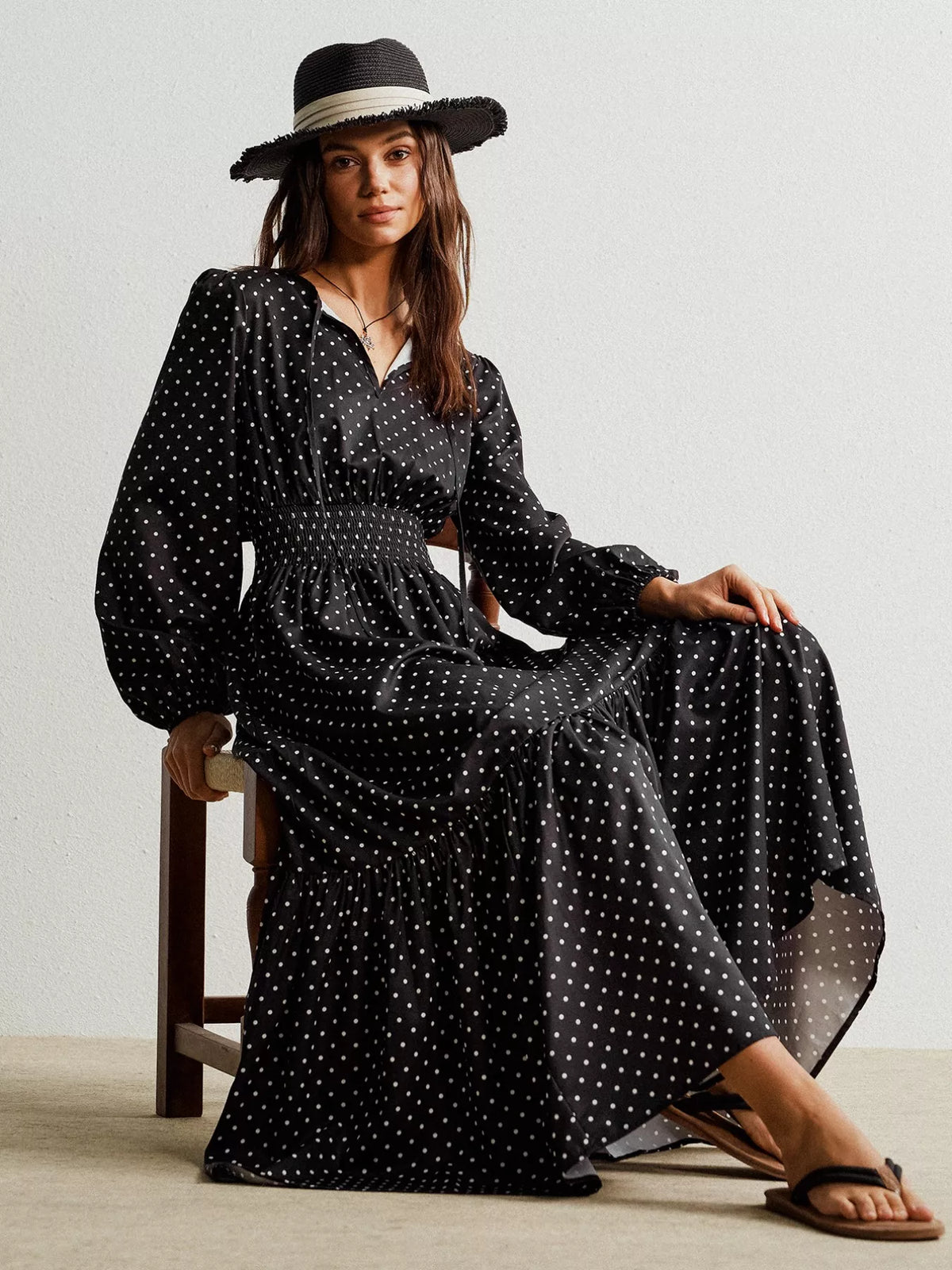 Polka Dot Long Sleeve Maxi Dress in Black