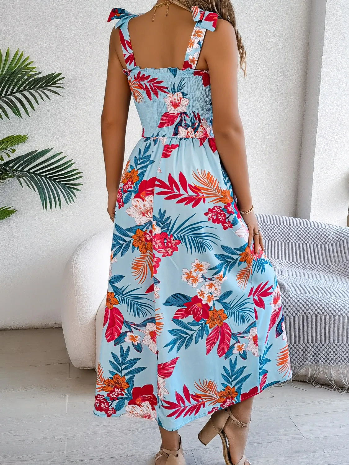 Smocked Floral Tie-Shoulder Midi Dress