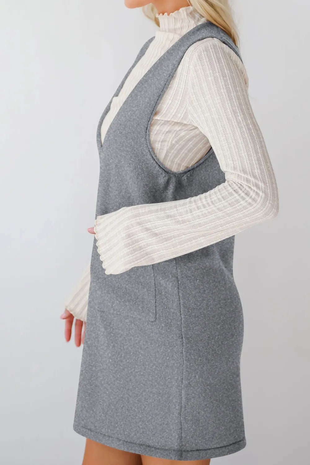 Pocketed V-Neck Mini Sweater Overall Dress