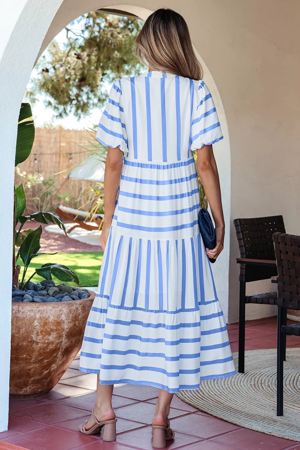 Striped Notched Neck Vacation Dress in Light Blue
