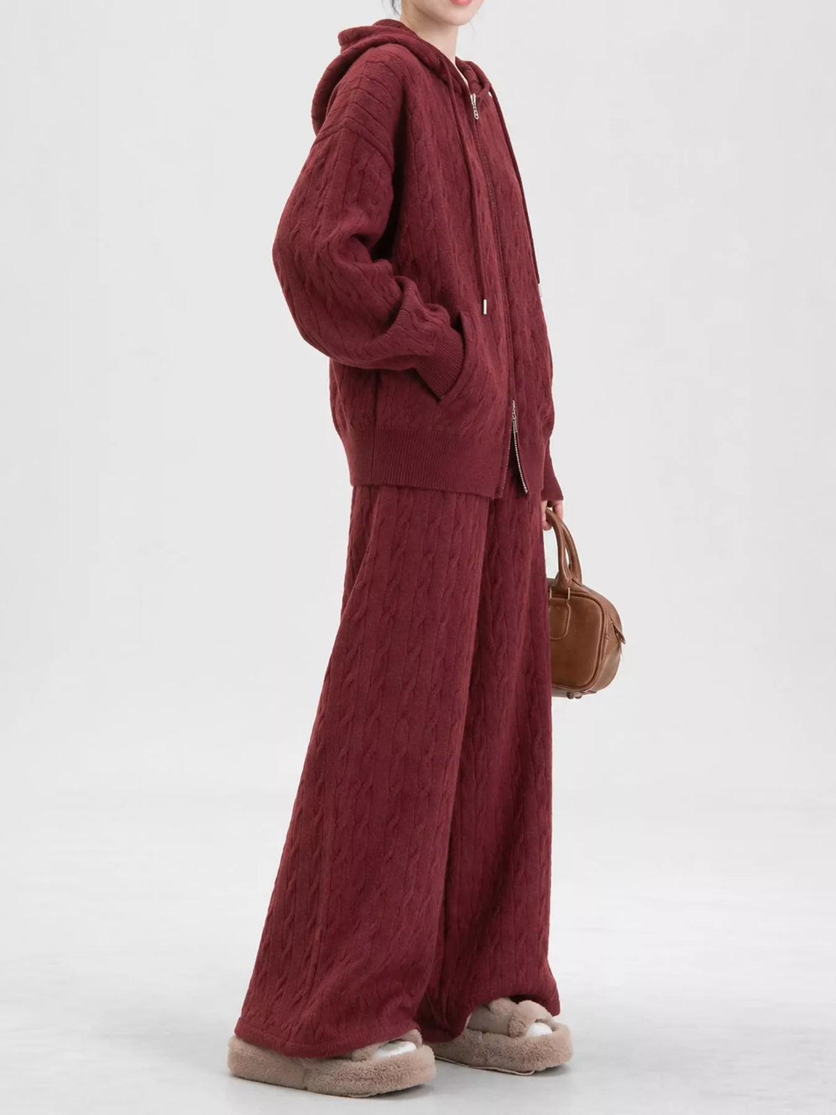 Cable Knit Zip-Up Hooded Cardigan and Wide-Leg Pants Set