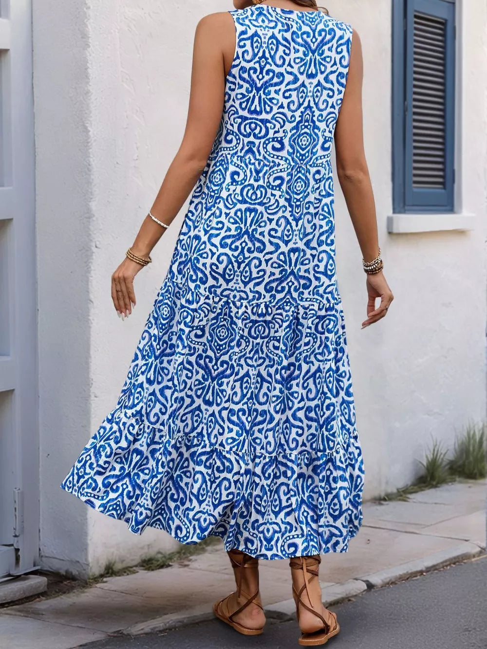 Printed Notched Sleeveless Midi Dress in Blue