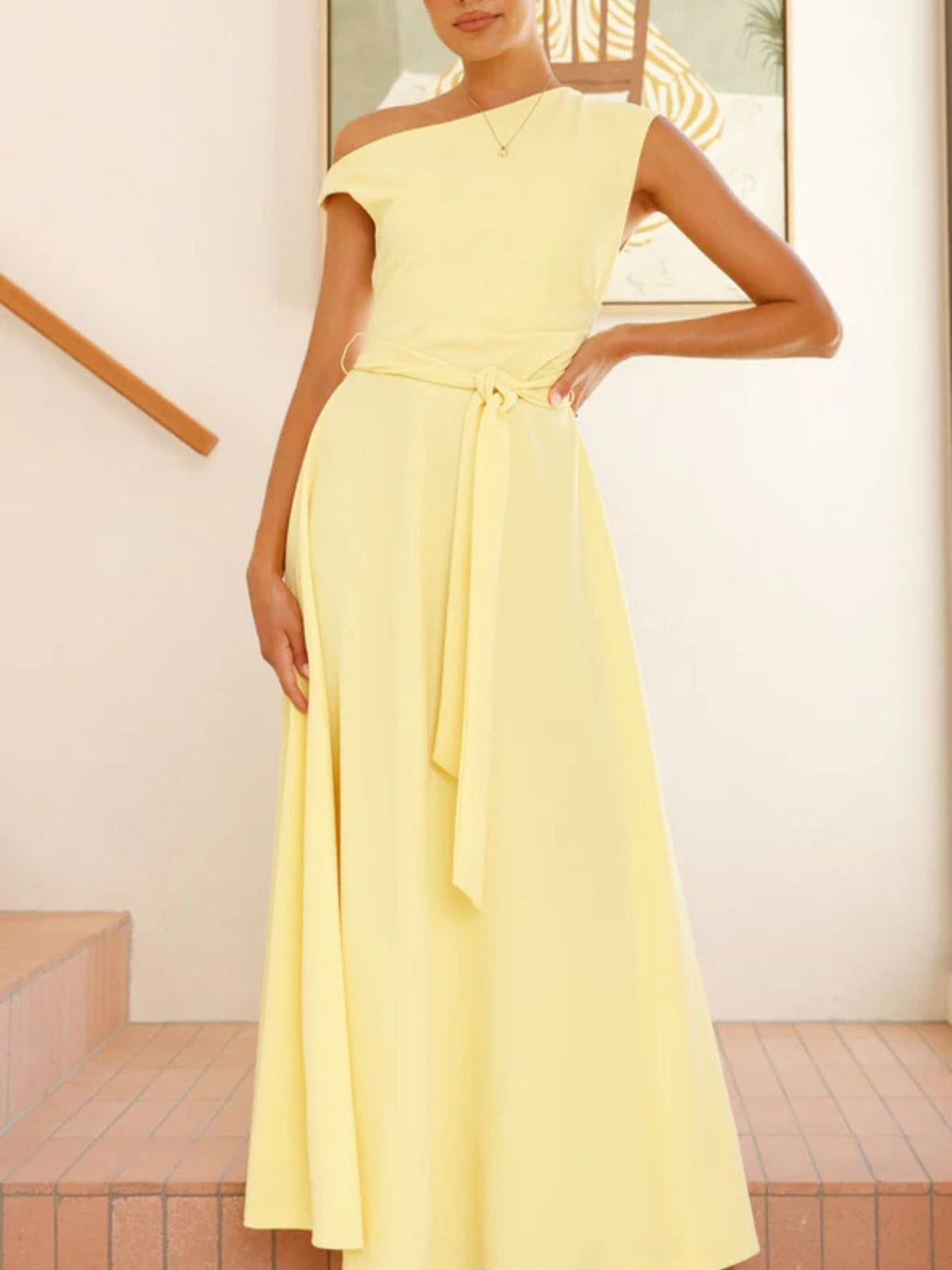 One-Shoulder Tie Waist Maxi Dress