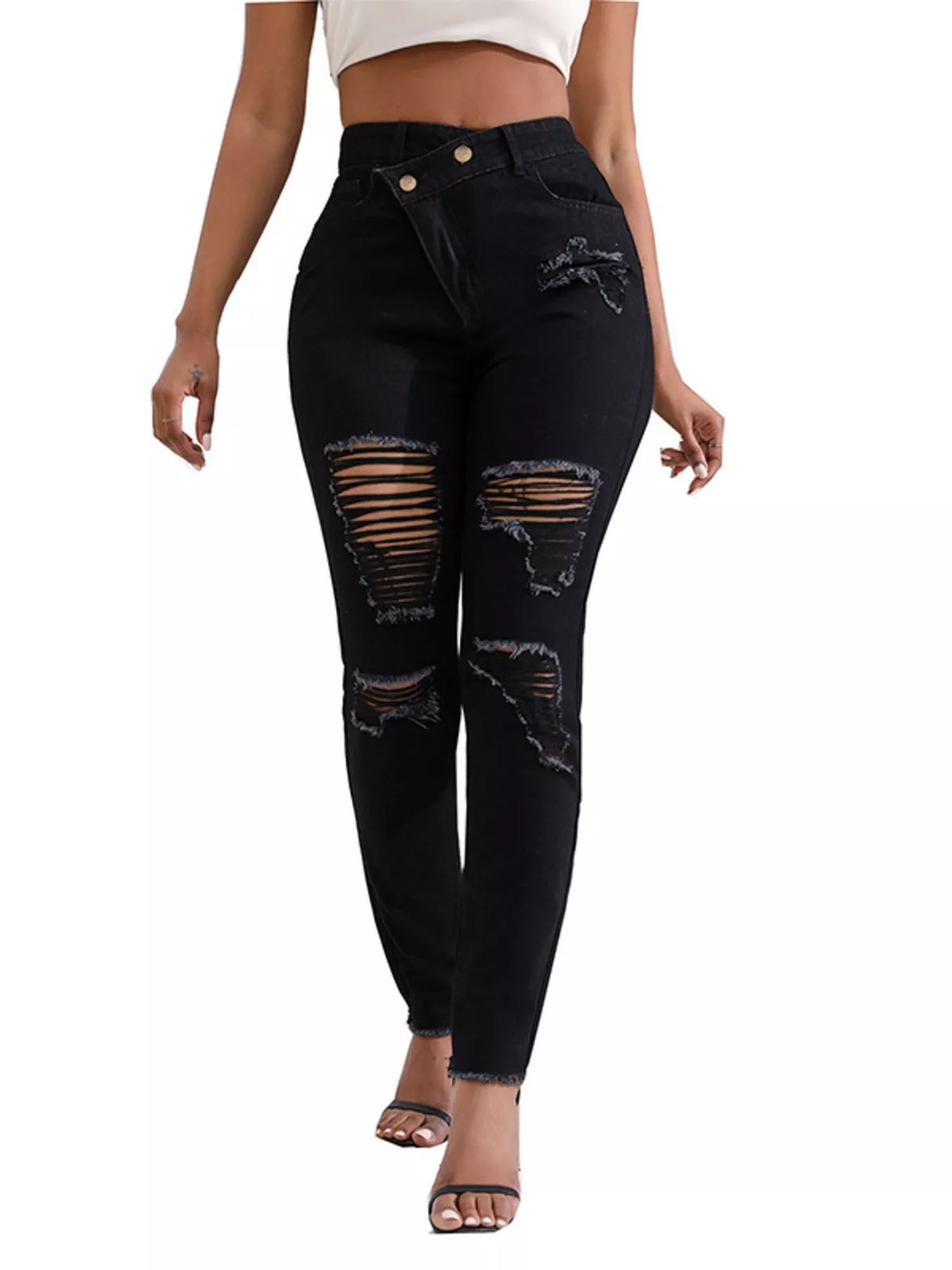 Distressed Raw Hem High-Waisted Jeans