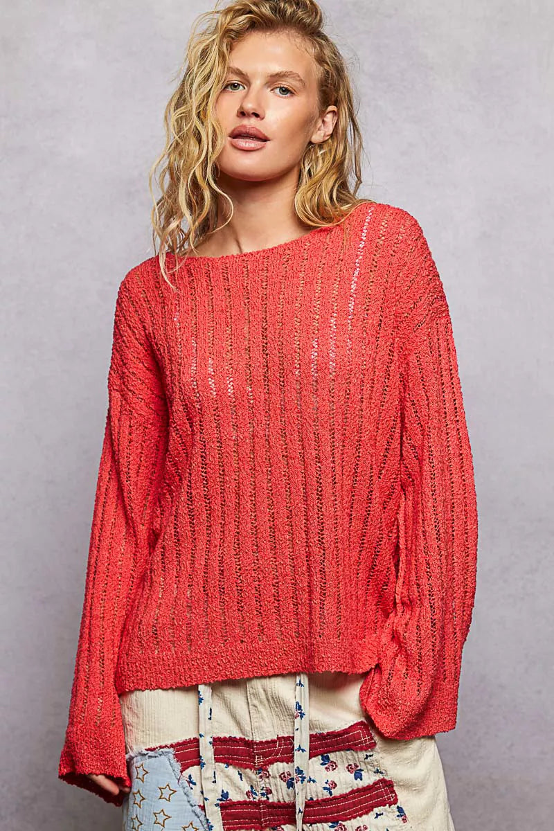 Open Weave Round Neck Sweater in Apple Red by POL
