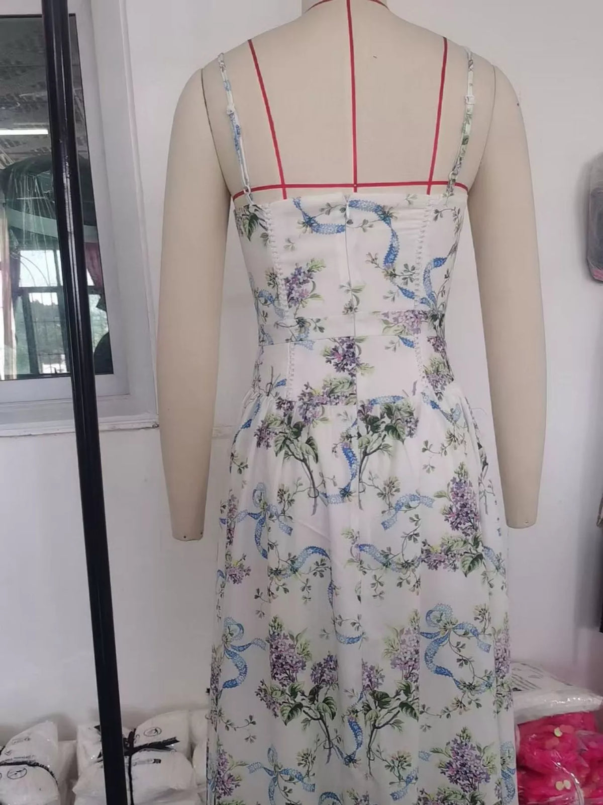 Floral Spaghetti Strap Midi Dress in White