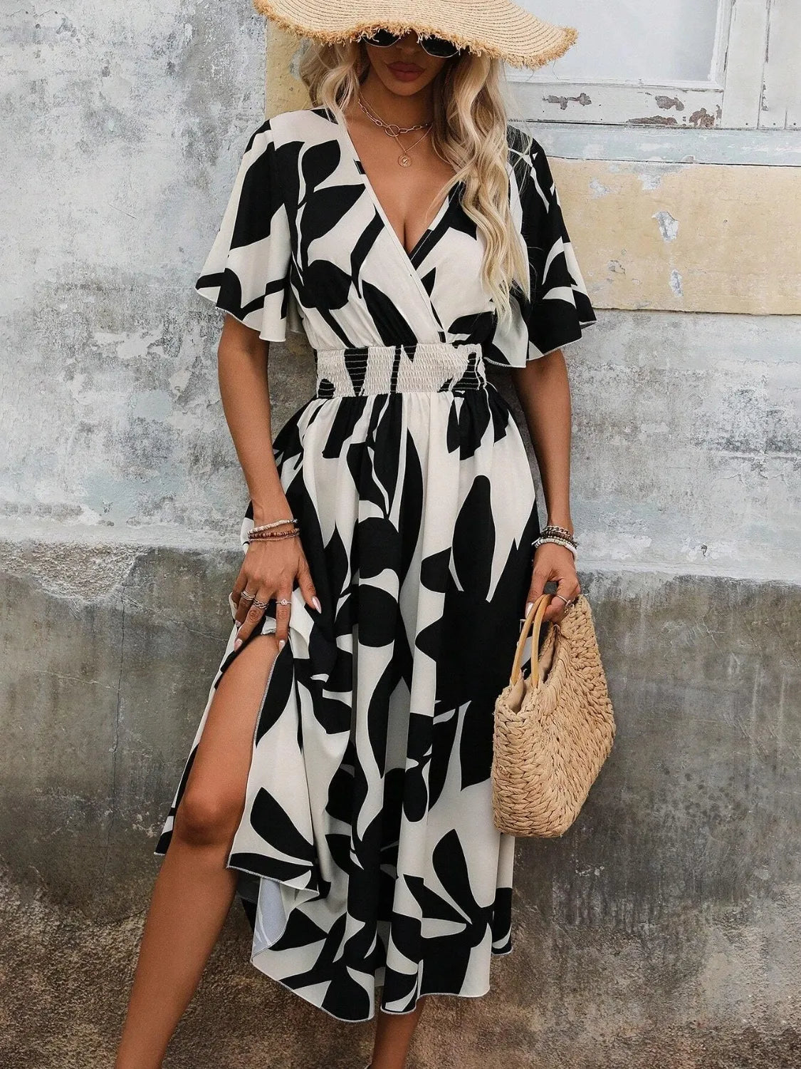 Surplice Short Sleeve Midi Dress in Black