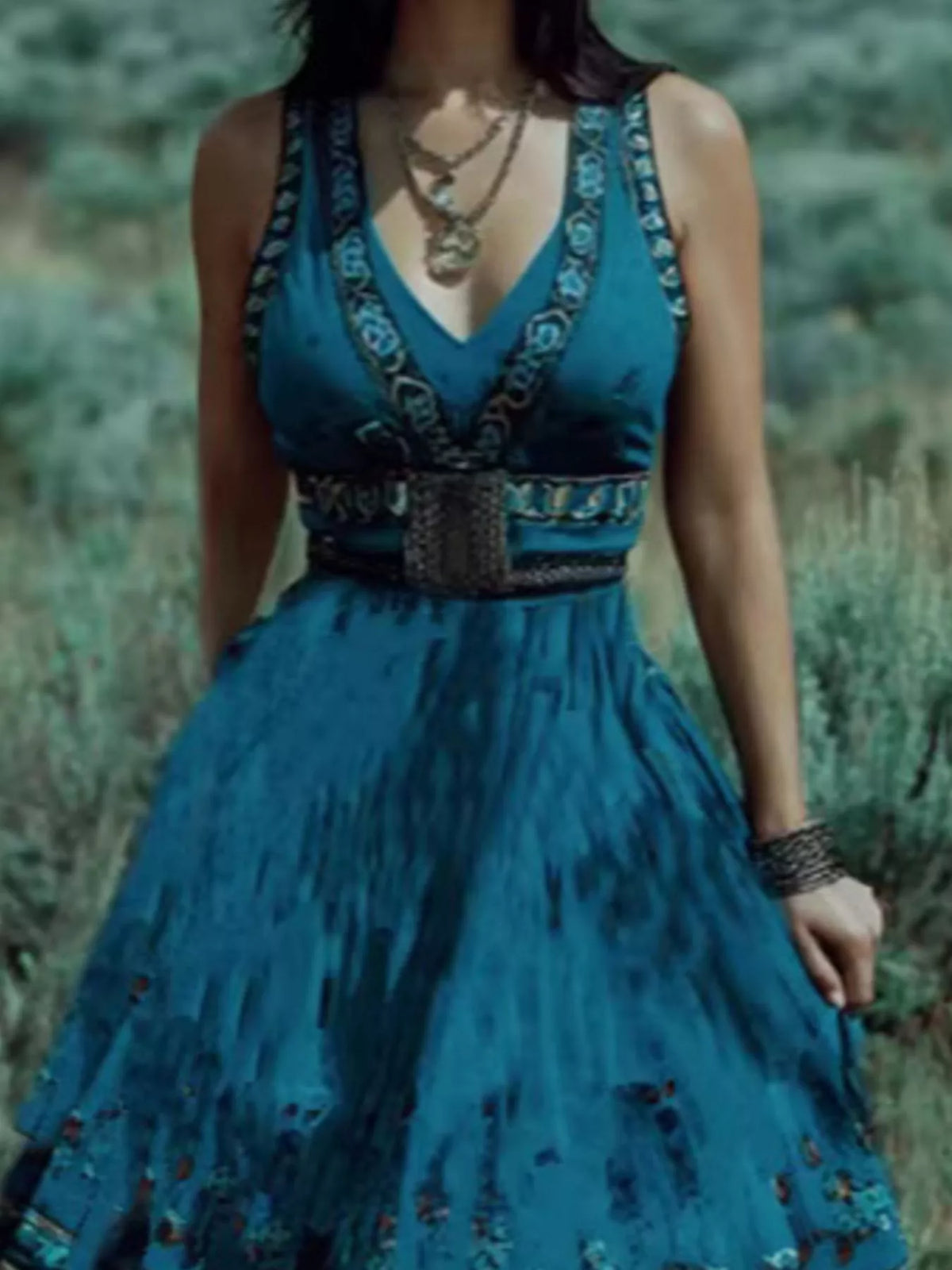 Printed V-Neck Maxi Dress in Blue