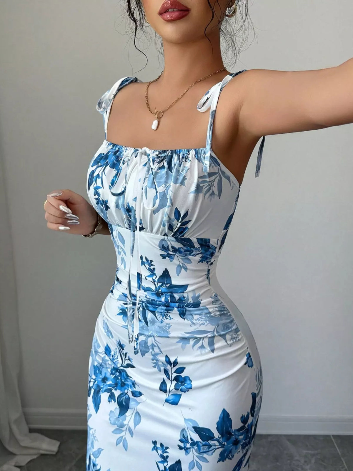 Printed Tie Strap Maxi Dress with Slit