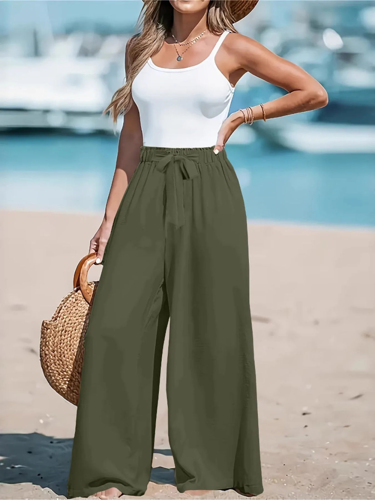 Drawstring Waist Wide-Leg Pants