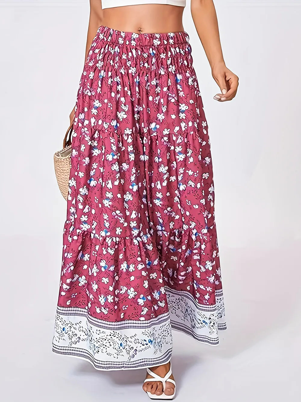 Tiered Printed Elastic-Waist Skirt