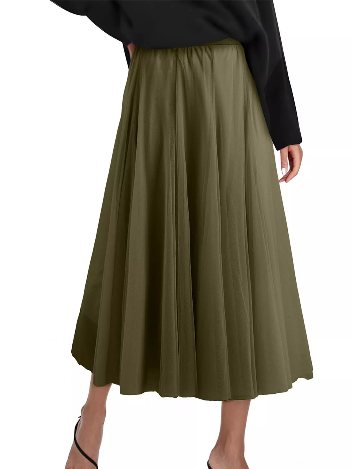 Tulle A-Line Midi Skirt in Army Green