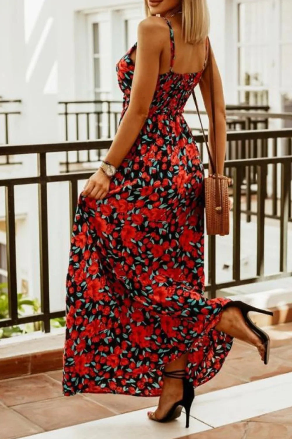 Smocked Spaghetti-Strap Printed Maxi Dress