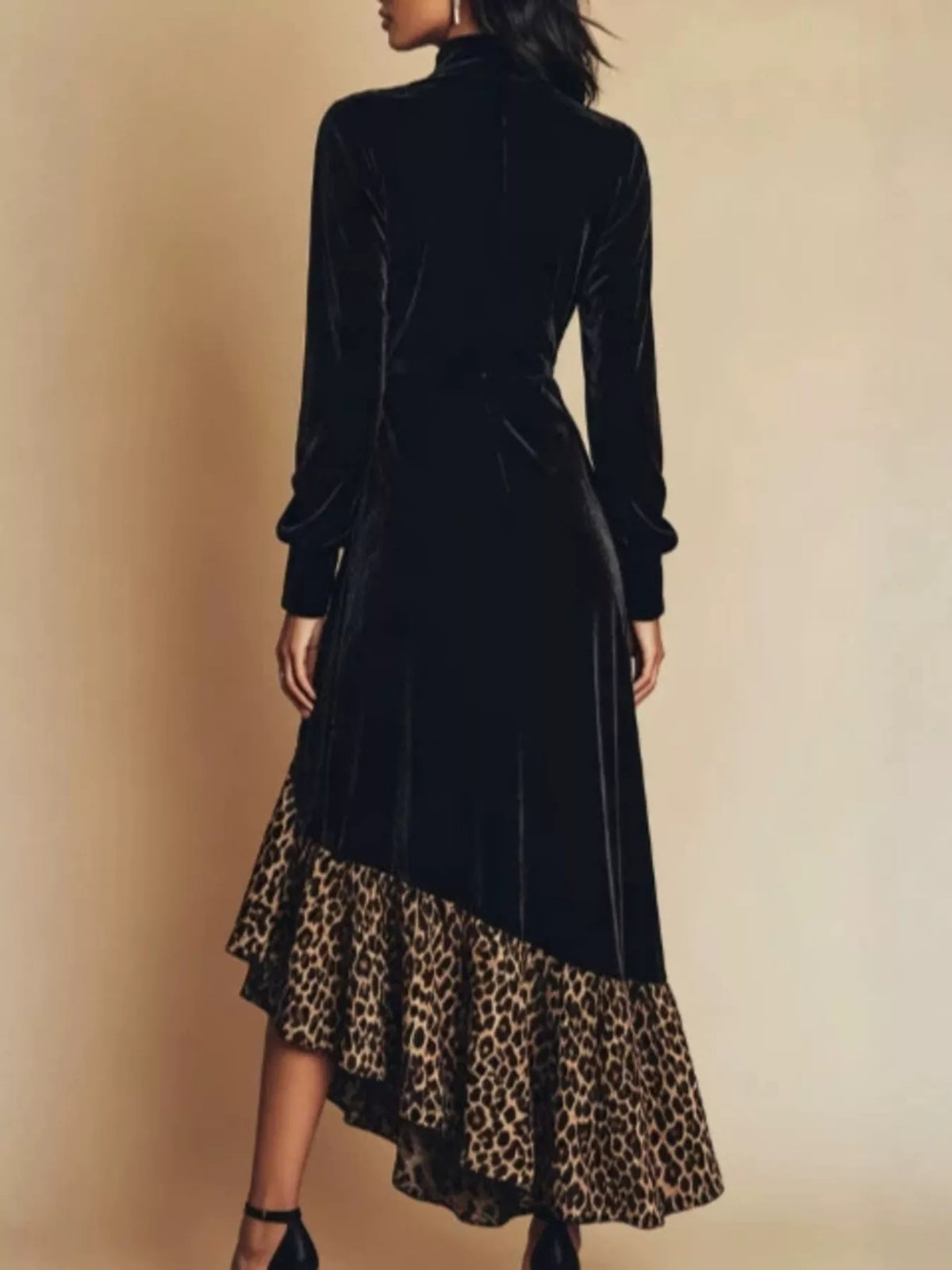 Leopard Ruffle Hem Mock Neck Dress in Black