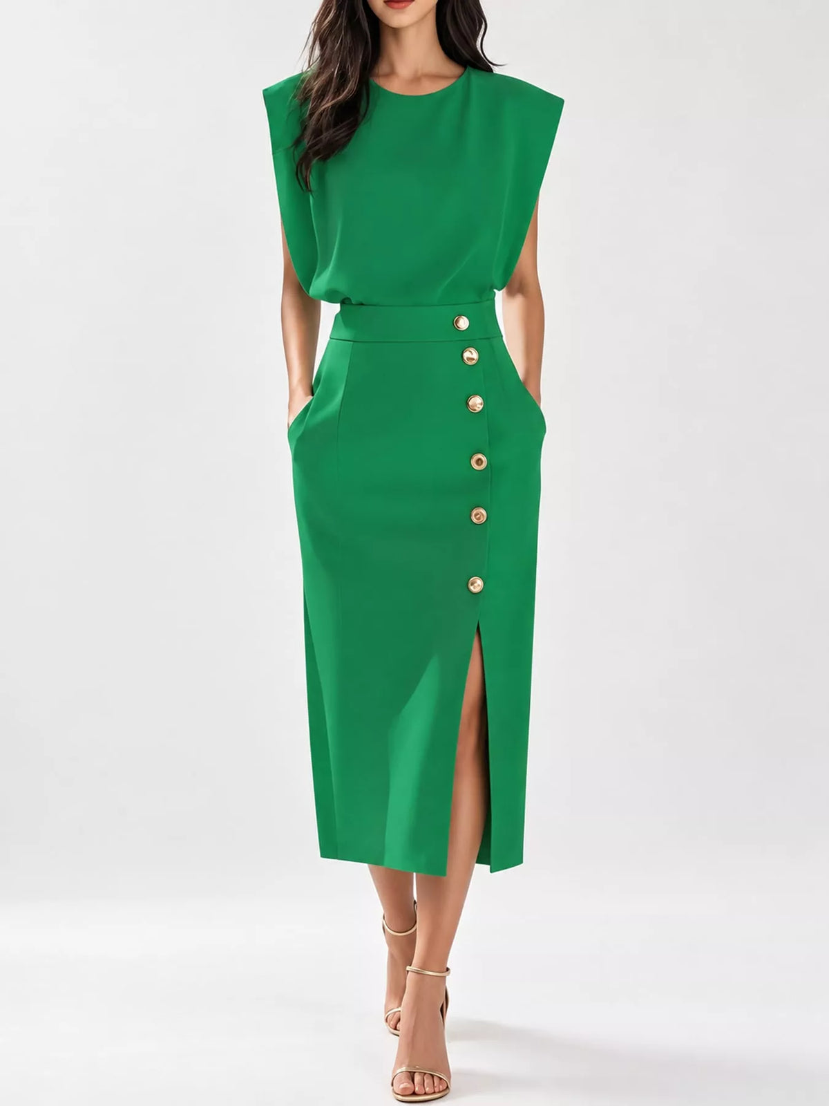 Sleeveless Midi Dress with Gold Button Detail