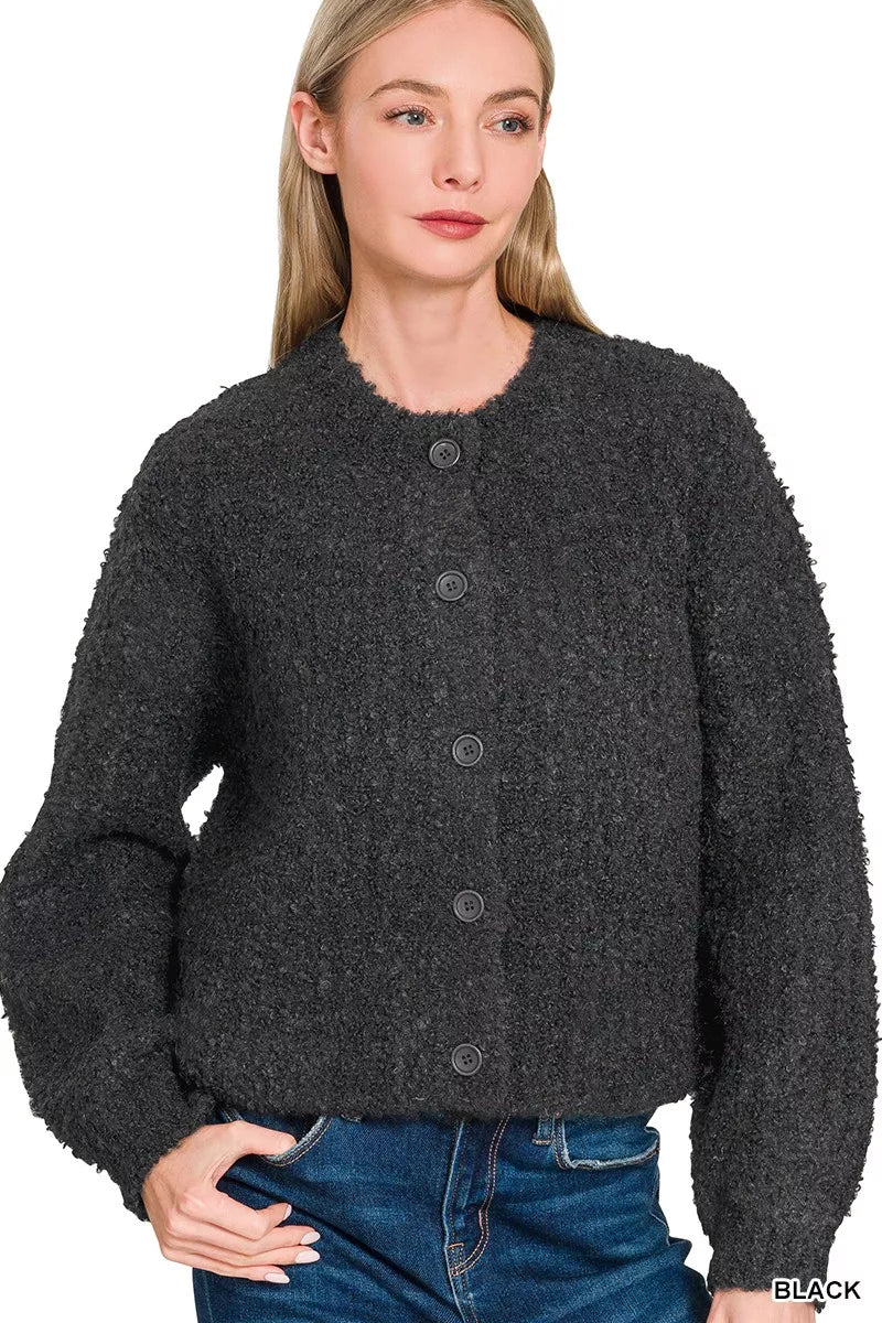 Zenana Button-Down Wool Blend Cardigan in Black