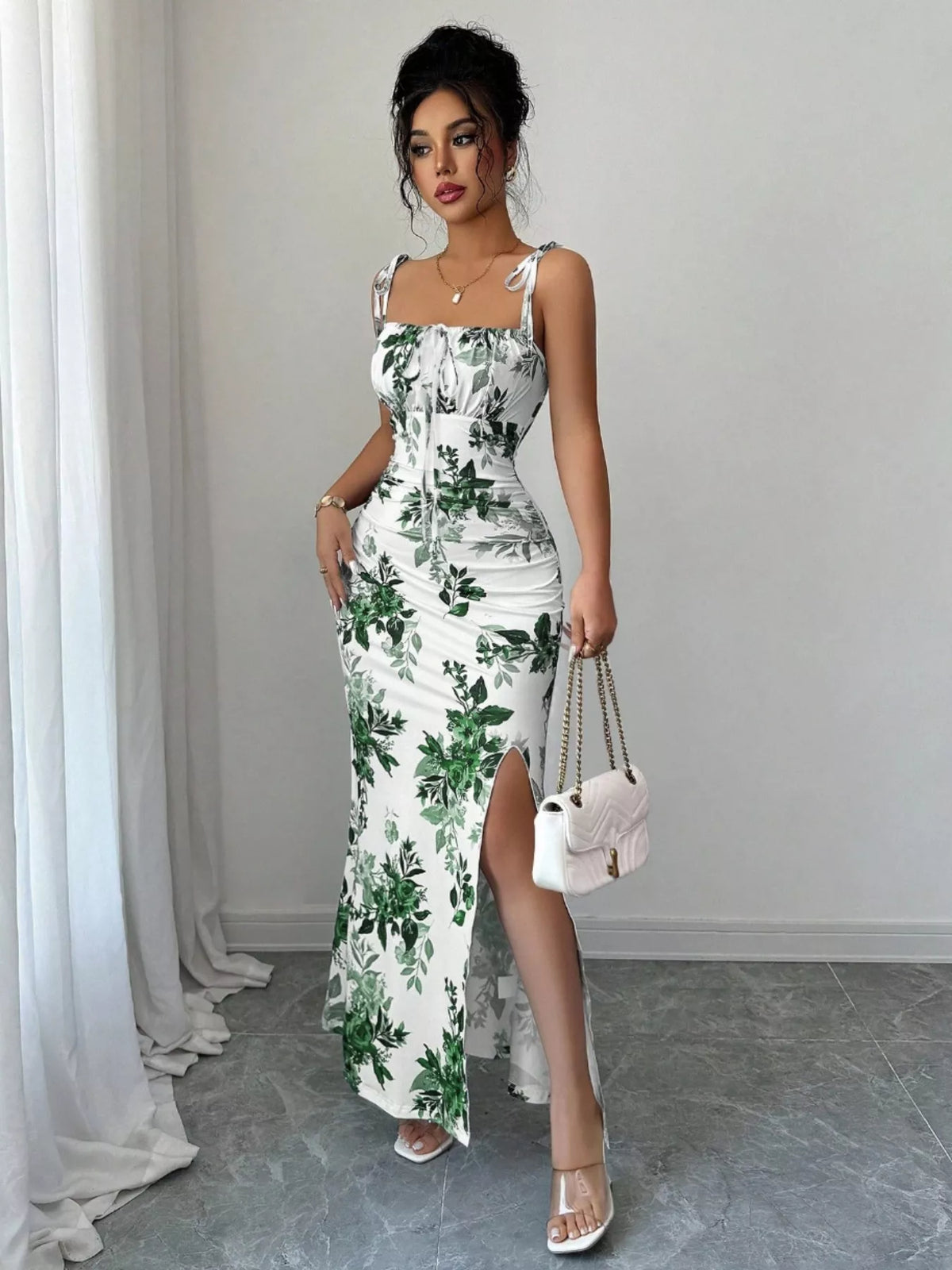 Printed Tie Strap Maxi Dress with Slit