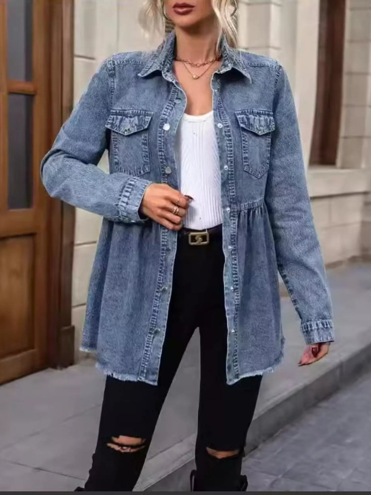 Peplum Hem Denim Jacket in Dusty Blue by Invera