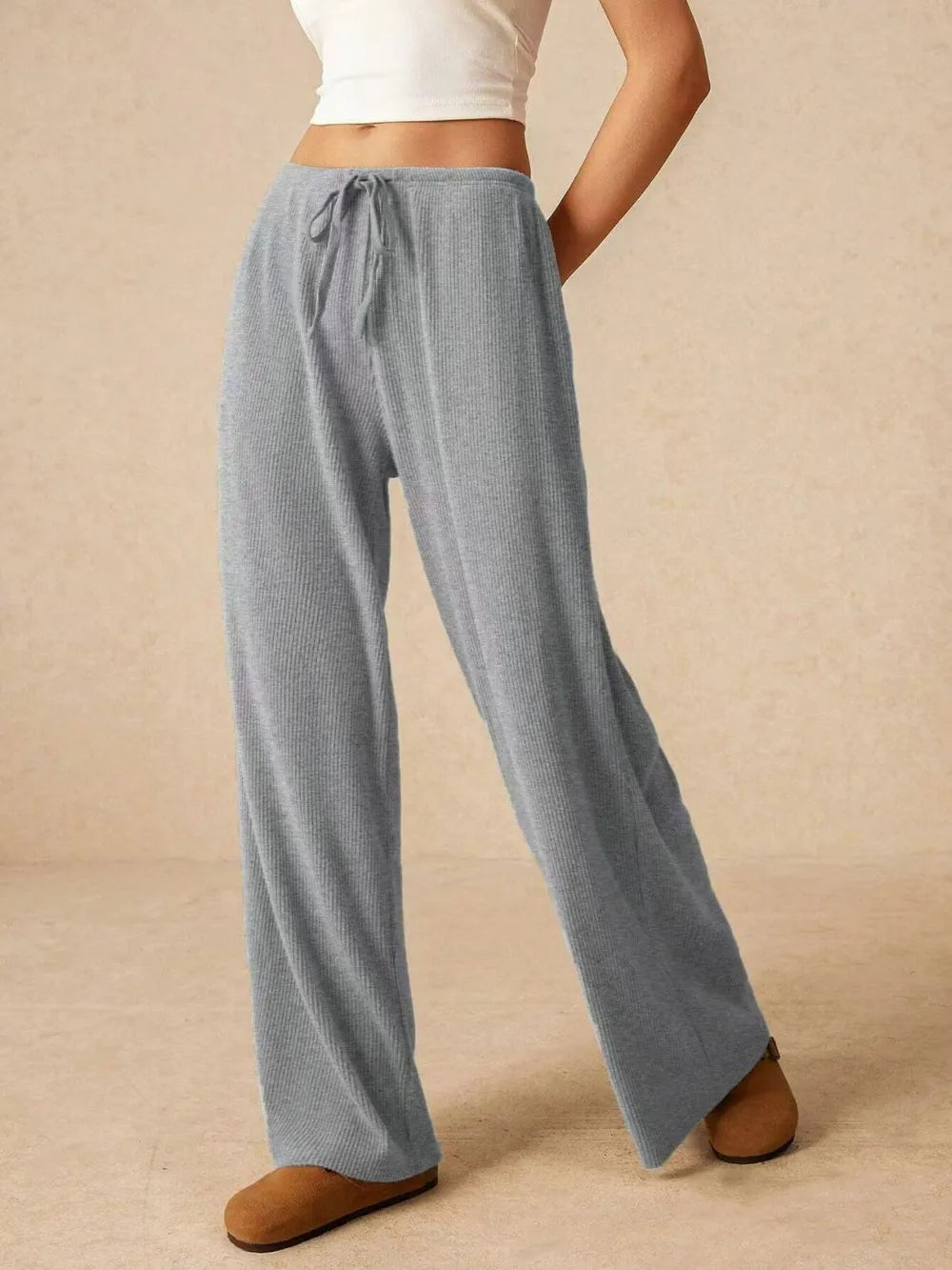 Ribbed Drawstring Wide-Leg Pants