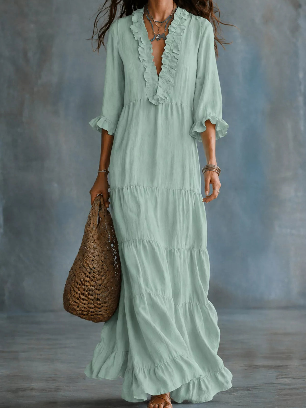 Ruffled V-Neck Tiered Maxi Dress