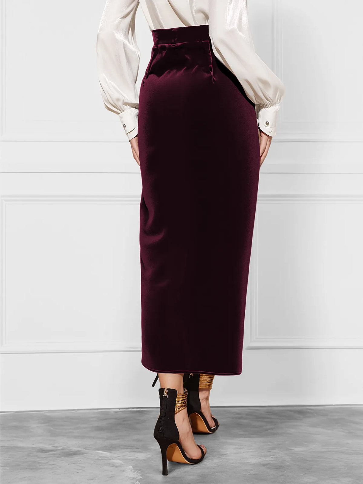 Side-Tied Velvet Skirt in Burgundy