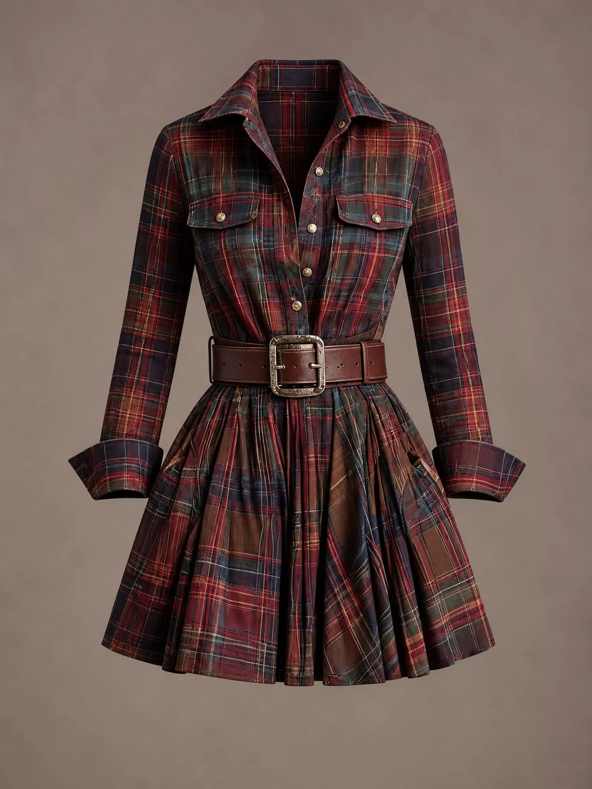 Plaid Long-Sleeve Shirt Dress with Belt
