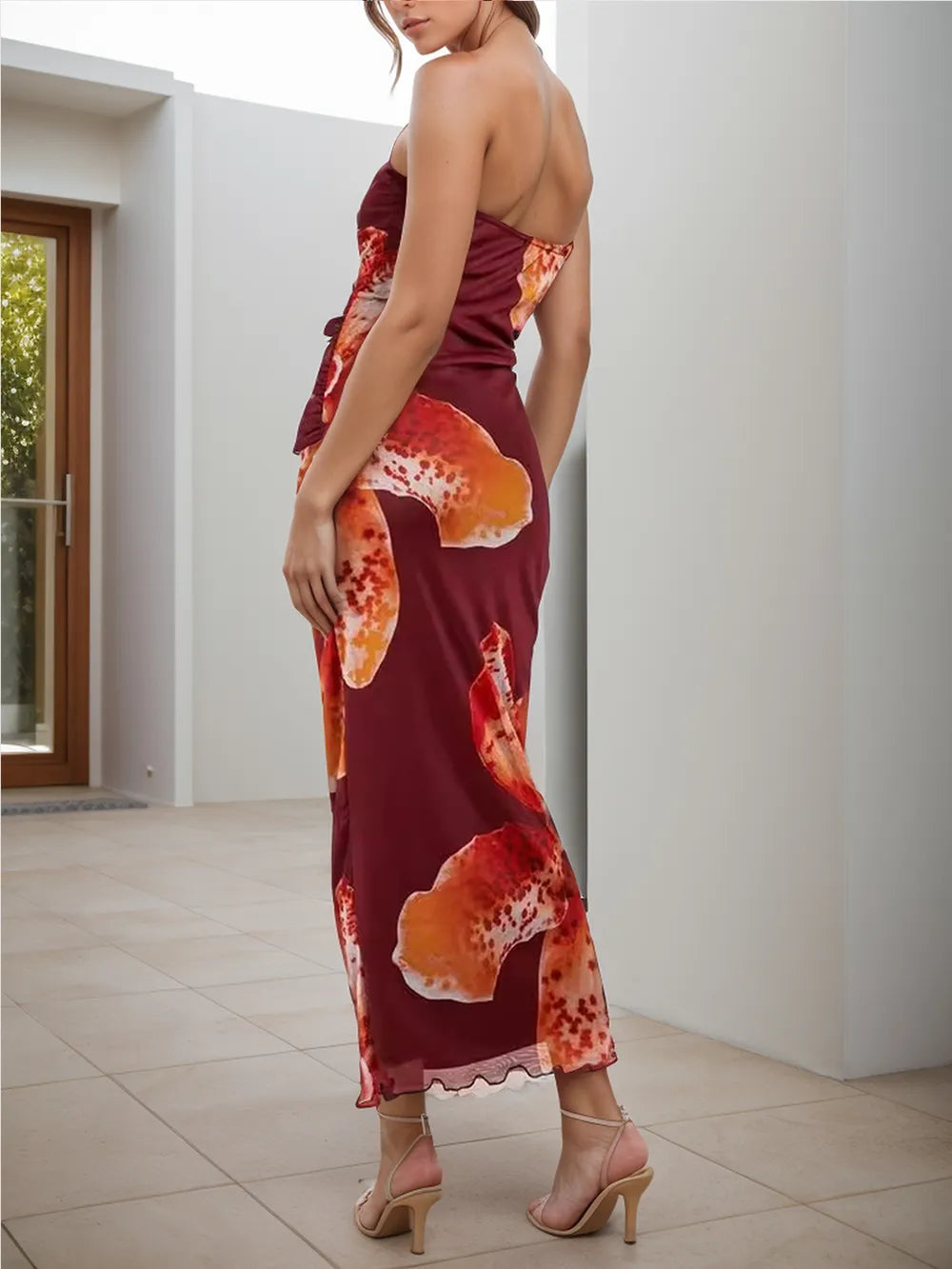 Printed Tube Maxi Dress in Burgundy