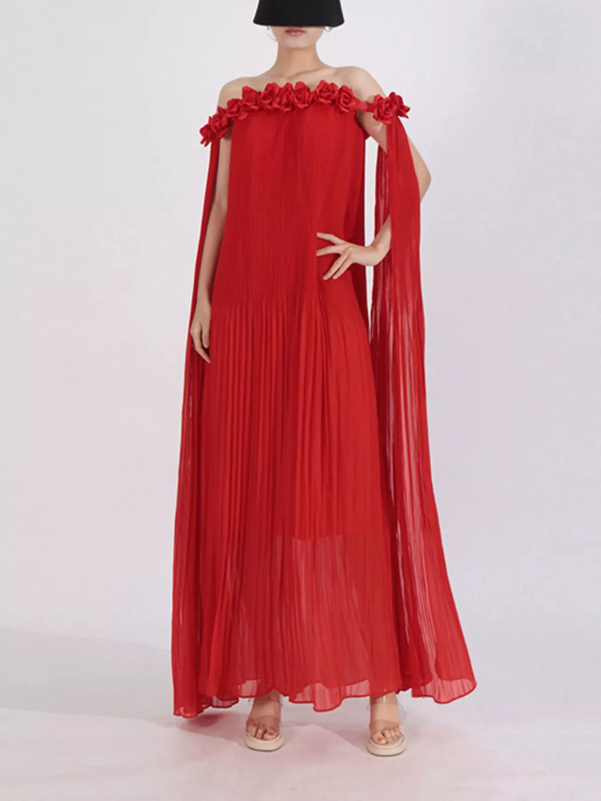 Off-Shoulder Pleated Floral Maxi Dress