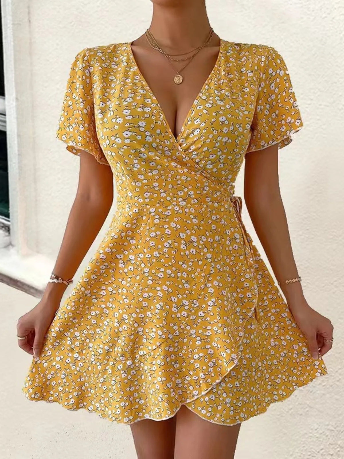 Floral Flutter Sleeve Wrap Mini Dress by Elaine