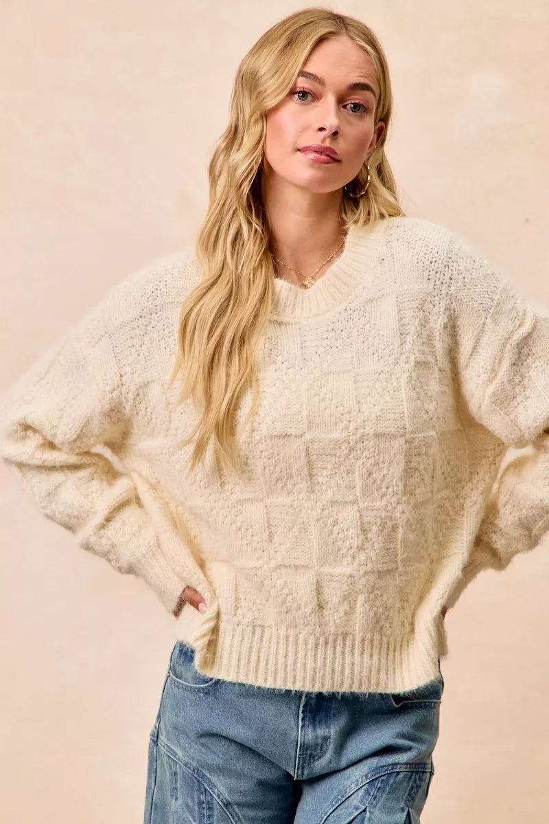 Checkerboard Drop Shoulder Sweater in Ivory by BiBi