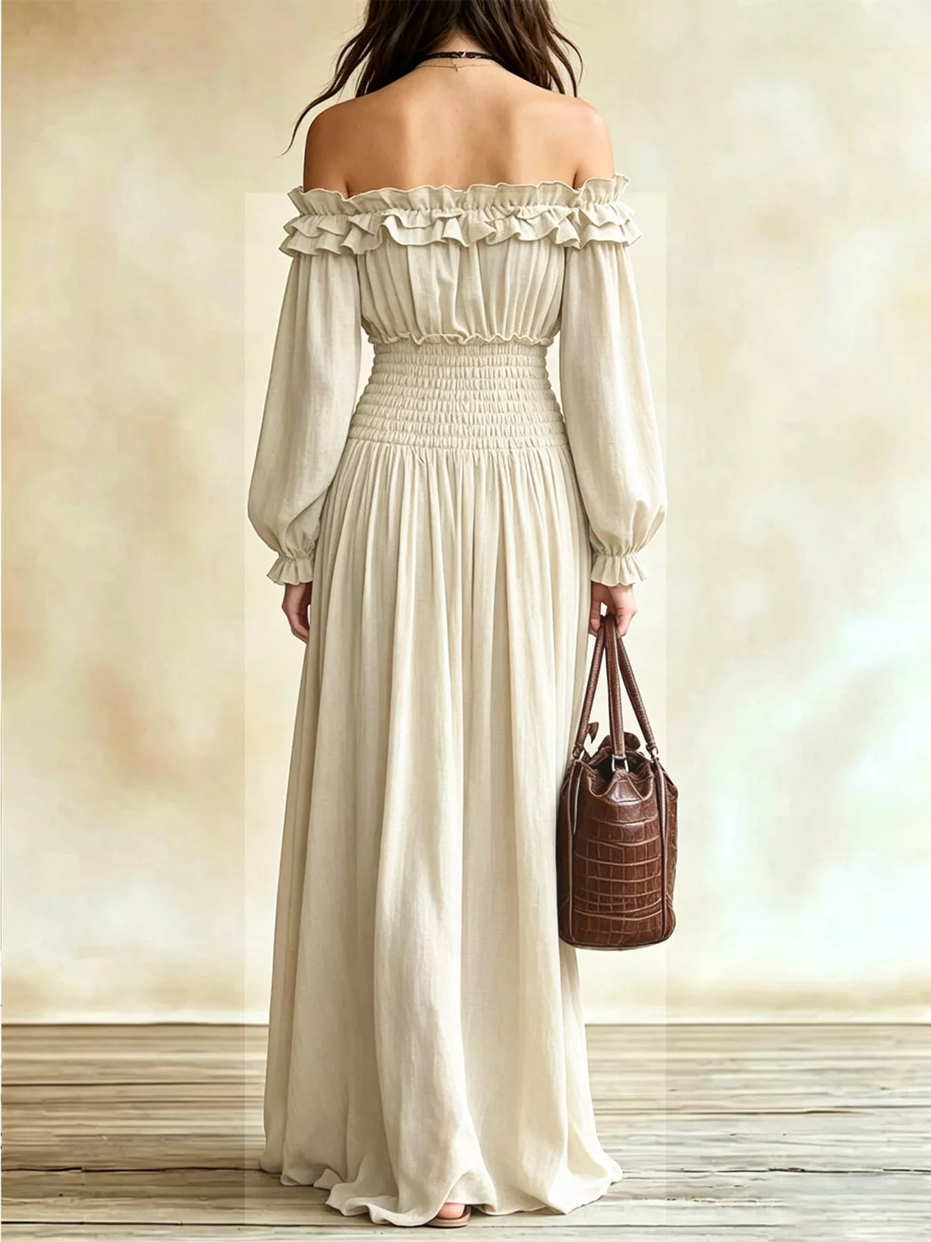 Off-Shoulder Smocked-Waist Maxi Dress