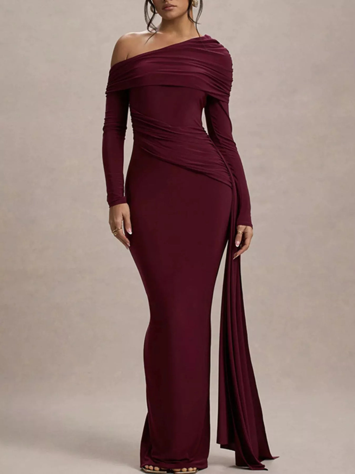 One-Shoulder Ruched Maxi Dress in Wine Red