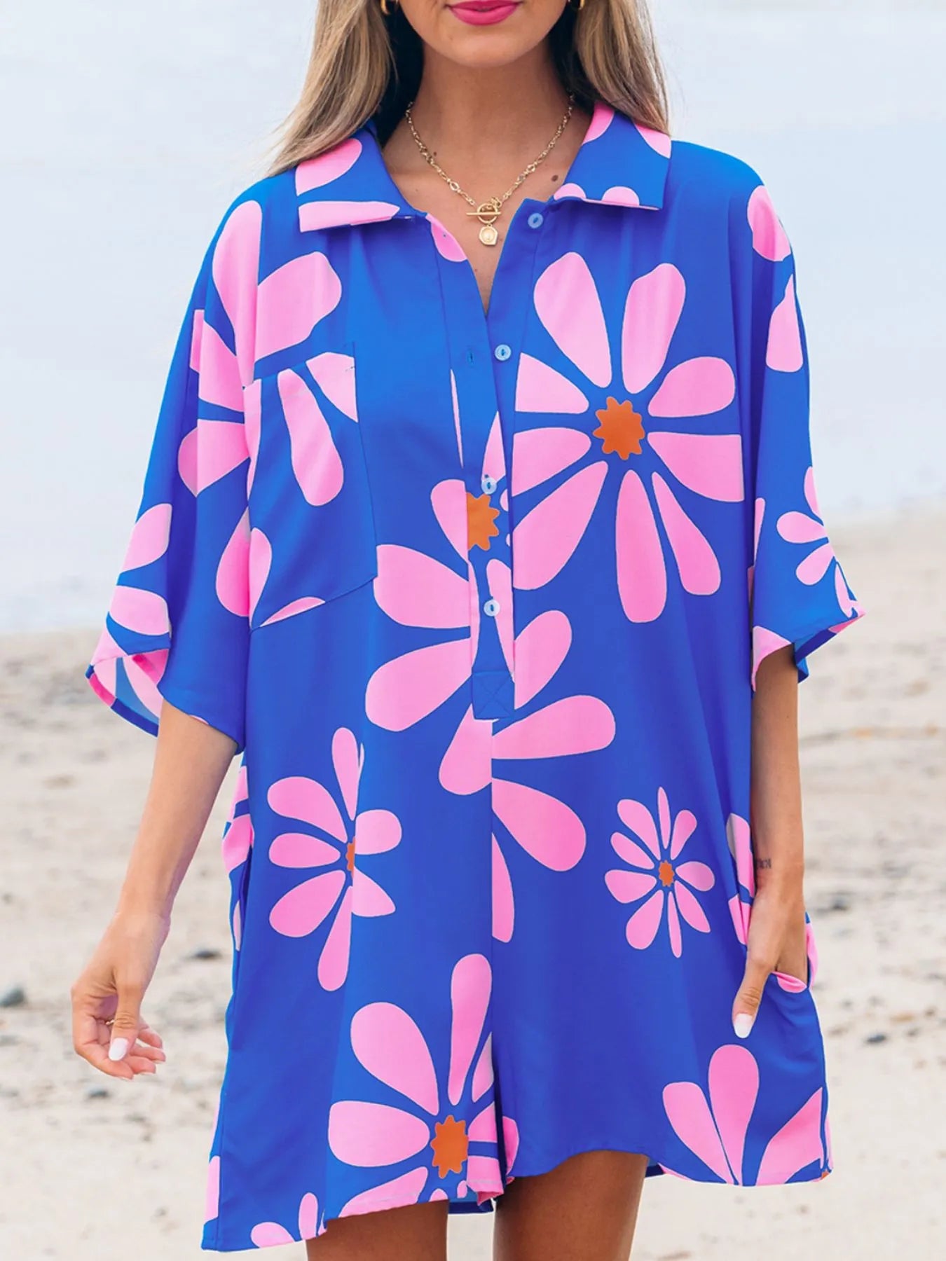 Flower Print Button Front Romper in Blue