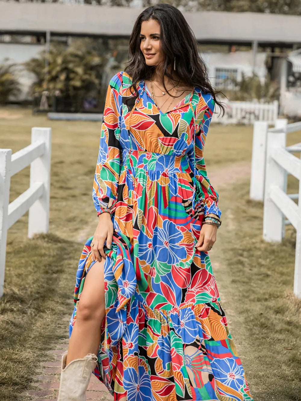 Multicolor Smocked Balloon Sleeve Maxi Dress