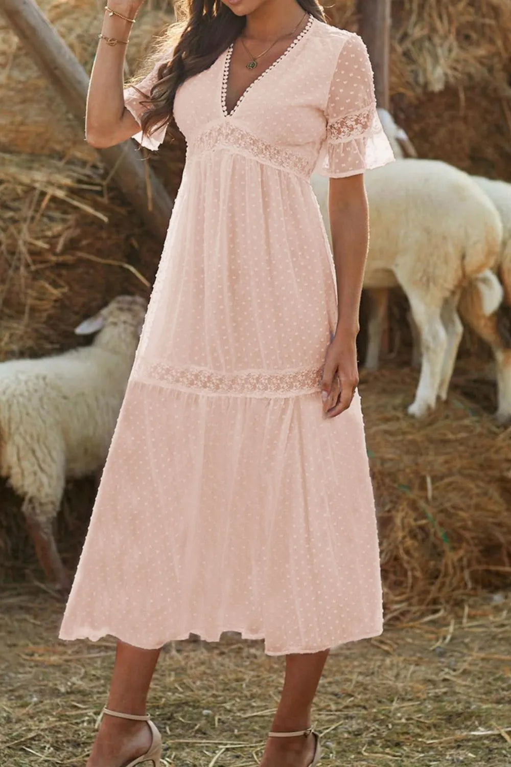 Polka Dot Ruffle Midi Dress in Watermelon Pink
