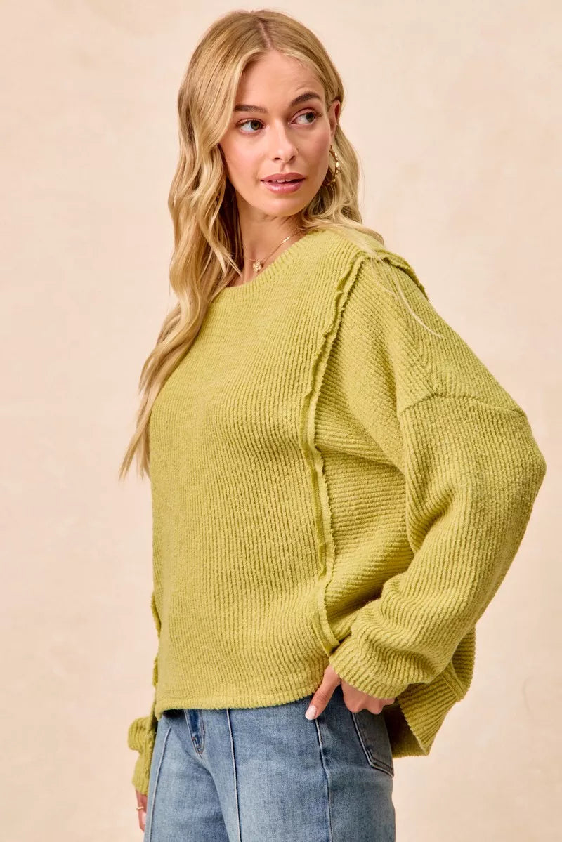 Boucle Uneven Hem Sweater in Lime by BiBi